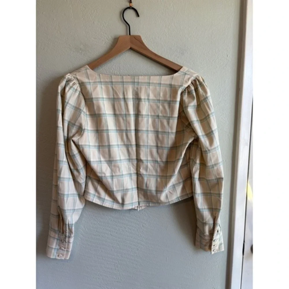 Greylin Cream Mint Plaid Square-Neck Crop Blouse Top M Light Academia Office - Picture 6 of 8